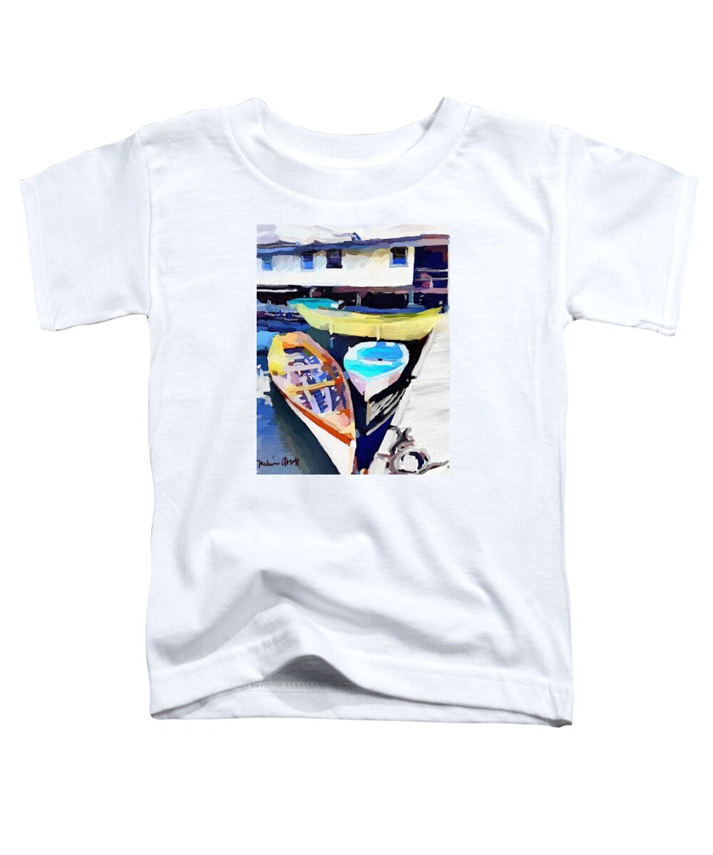 Yellow Dory Toddler T-Shirt featuring the painting Dory Dock at Beacon Marine Basin by Melissa Abbott