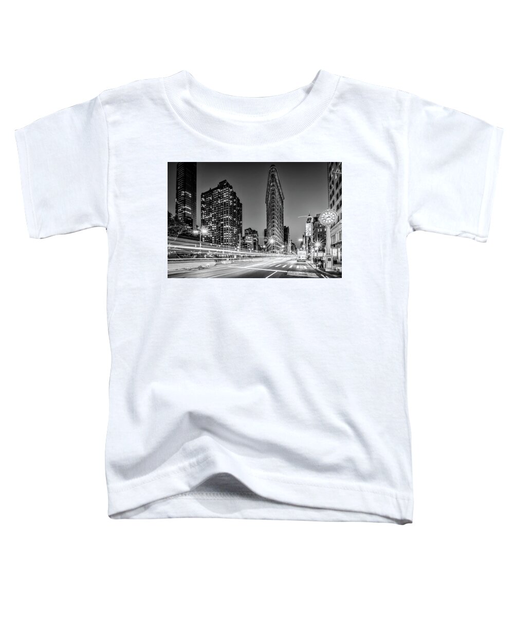 Flatiron Building Toddler T-Shirt featuring the photograph Flatiron 5th Ave Clock NYC BW by Susan Candelario