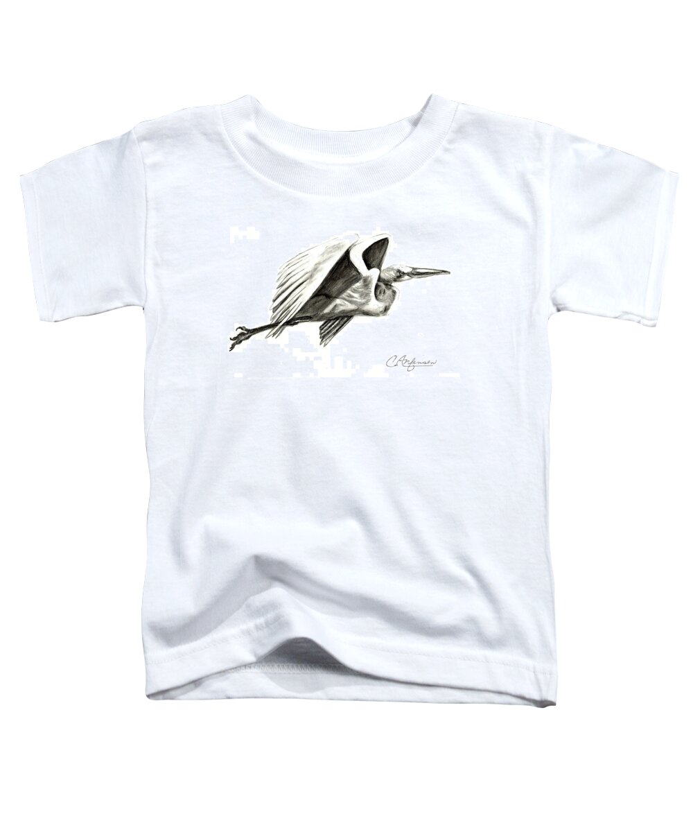 Egret Toddler T-Shirt featuring the drawing Flying your way by Carol Allen Anfinsen