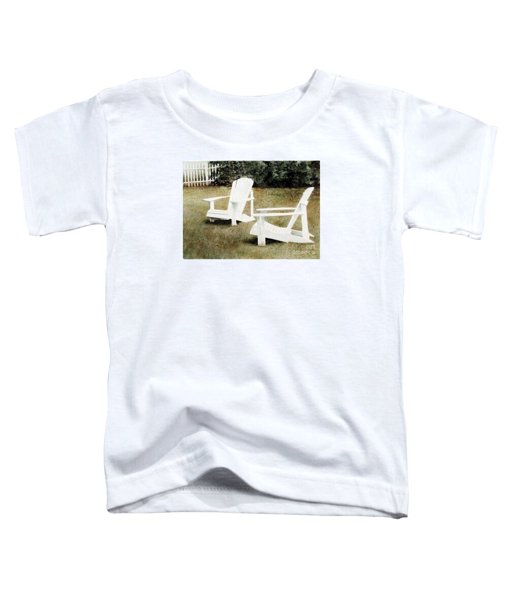 Two White Adirondack Chairs On A Front Lawn With Hedge And A Picket Fence In The Background. Toddler T-Shirt featuring the painting Forest Lawn by Monte Toon