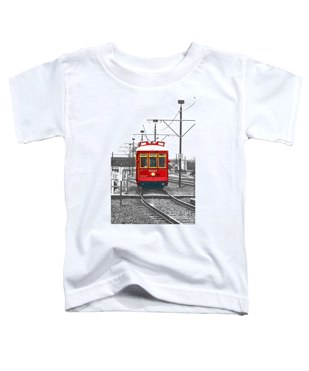 Travelpixpro New Orleans Toddler T-Shirt featuring the photograph French Quarter French Market Cable Car New Orleans Color Splash Black and White with Film Grain by Shawn O'Brien