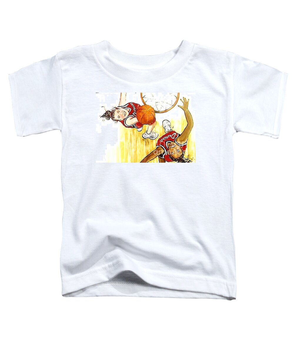 Girls Toddler T-Shirt featuring the painting Girl's Basketball by Linda Shackelford