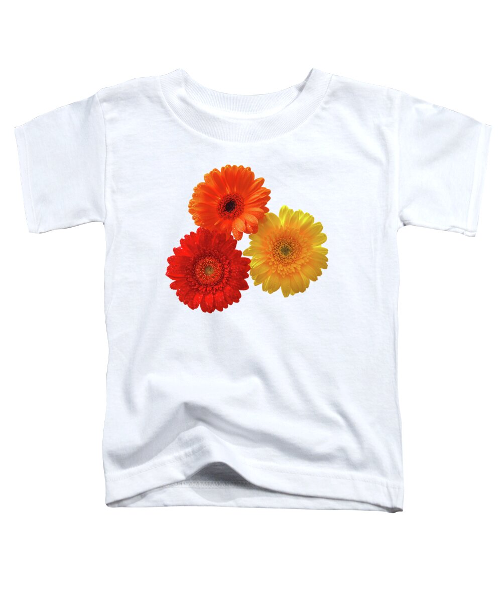 Gerbera Toddler T-Shirt featuring the photograph Happiness Orange Red and Yellow Gerbera on Blue by Gill Billington