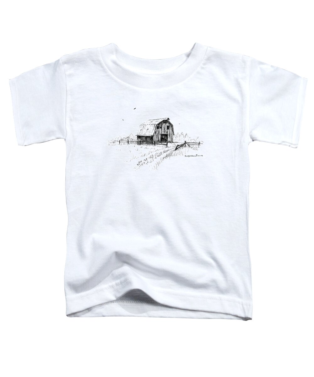 Hay Toddler T-Shirt featuring the drawing Hay Barn with Broken Gate by Randy Welborn