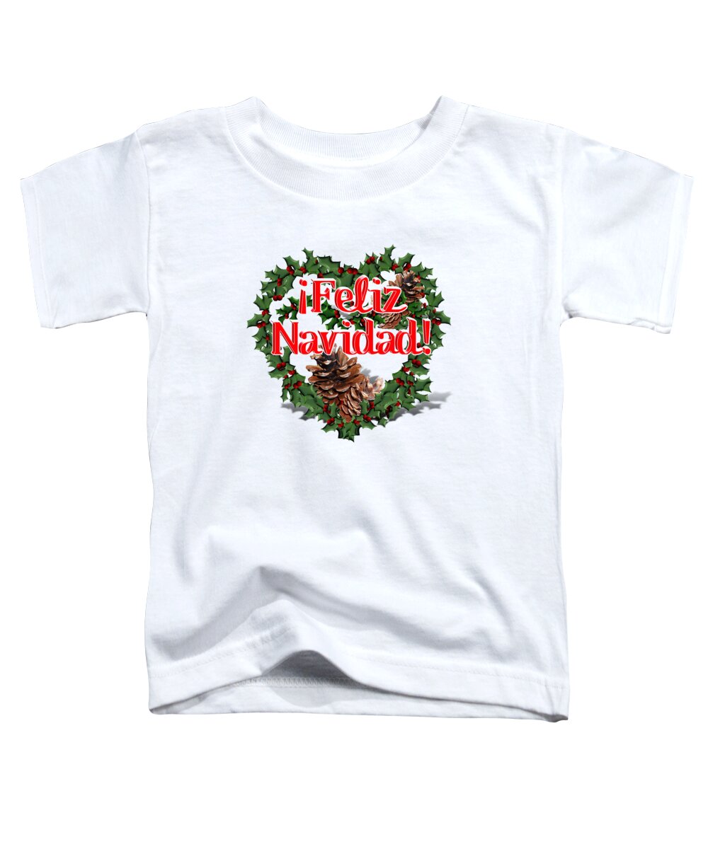 Feliz Navidad Toddler T-Shirt featuring the digital art Heart Shaped Wreath - Feliz Navidad by Gravityx9 Designs