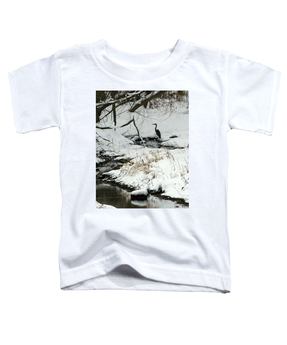 Winter Toddler T-Shirt featuring the photograph Heron in Winter by Paula Guttilla