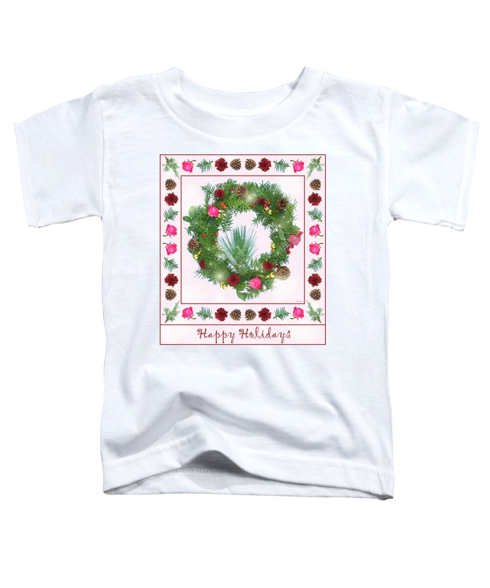 Lise Winne Toddler T-Shirt featuring the digital art Holiday Wreath with Roses and Carnations by Lise Winne