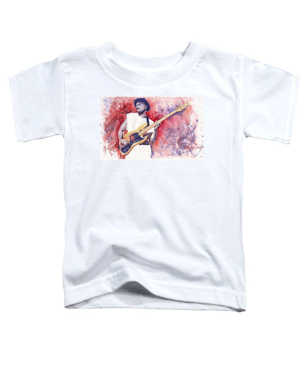 Jazz Toddler T-Shirt featuring the painting Jazz Guitarist Marcus Miller Red by Yuriy Shevchuk