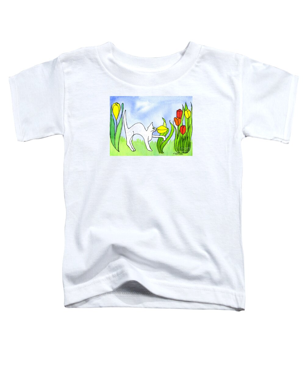 Cat Toddler T-Shirt featuring the painting Kitty Sniffing Tulips by Norma Appleton