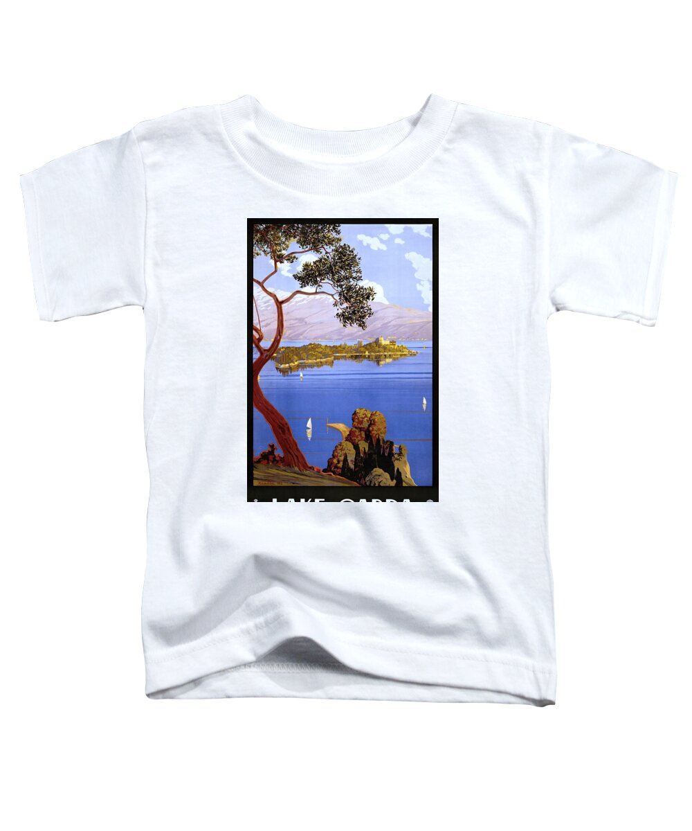 Garda Toddler T-Shirt featuring the painting Lake Garda Italy, travel poster for ENIT, 1924 by Vincent Monozlay