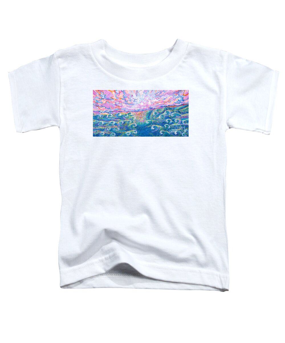Fantasy Sky And Sea.a Wild Abstract Sky Full Of Amazing Cloud Drama And Color. Strange Sea Of Small Waves Moving Into The Sea Swells Rift Catching A Rainbow Reflected Colors From The Moon And Sky Above Toddler T-Shirt featuring the painting Magic moon and Sea swell by Priscilla Batzell Expressionist Art Studio Gallery