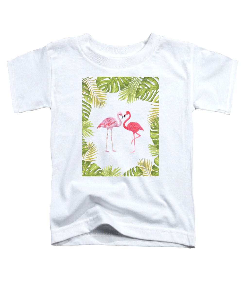 Palm Leaves Toddler T-Shirt featuring the painting Magical Tropicana Love Flamingos and Leaves by Georgeta Blanaru