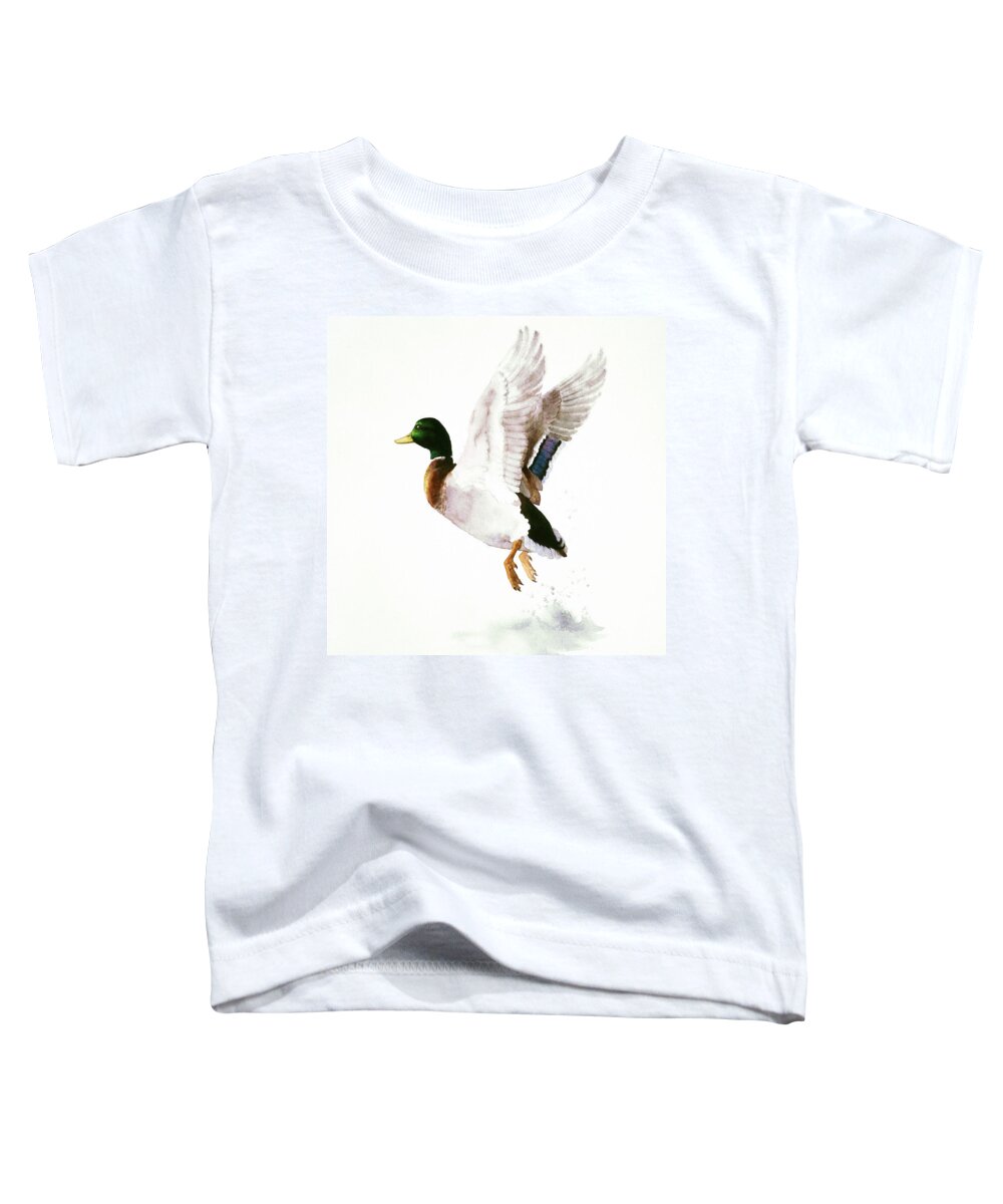 Mallard Toddler T-Shirt featuring the painting Mallard Flying Away Watercolor by Attila Meszlenyi