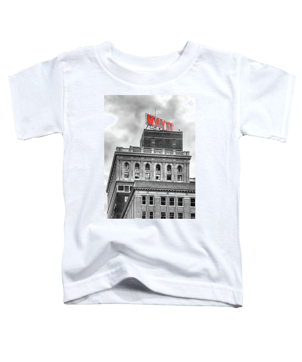 Mayo Toddler T-Shirt featuring the photograph Mayo Hotel Black and White Impression Red Sign by Bert Peake