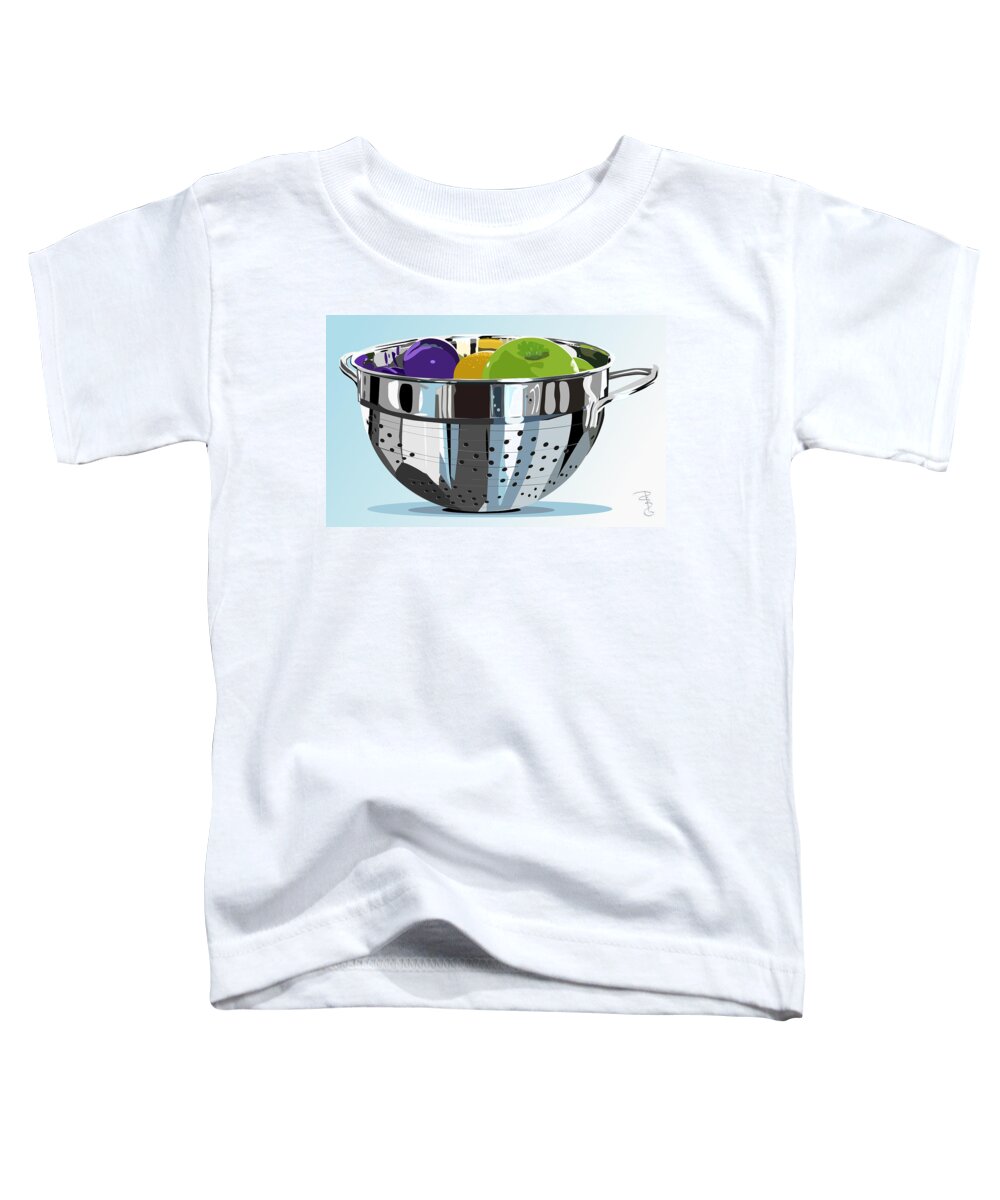  Colander Toddler T-Shirt featuring the digital art Metal colander and fruit by Debra Baldwin