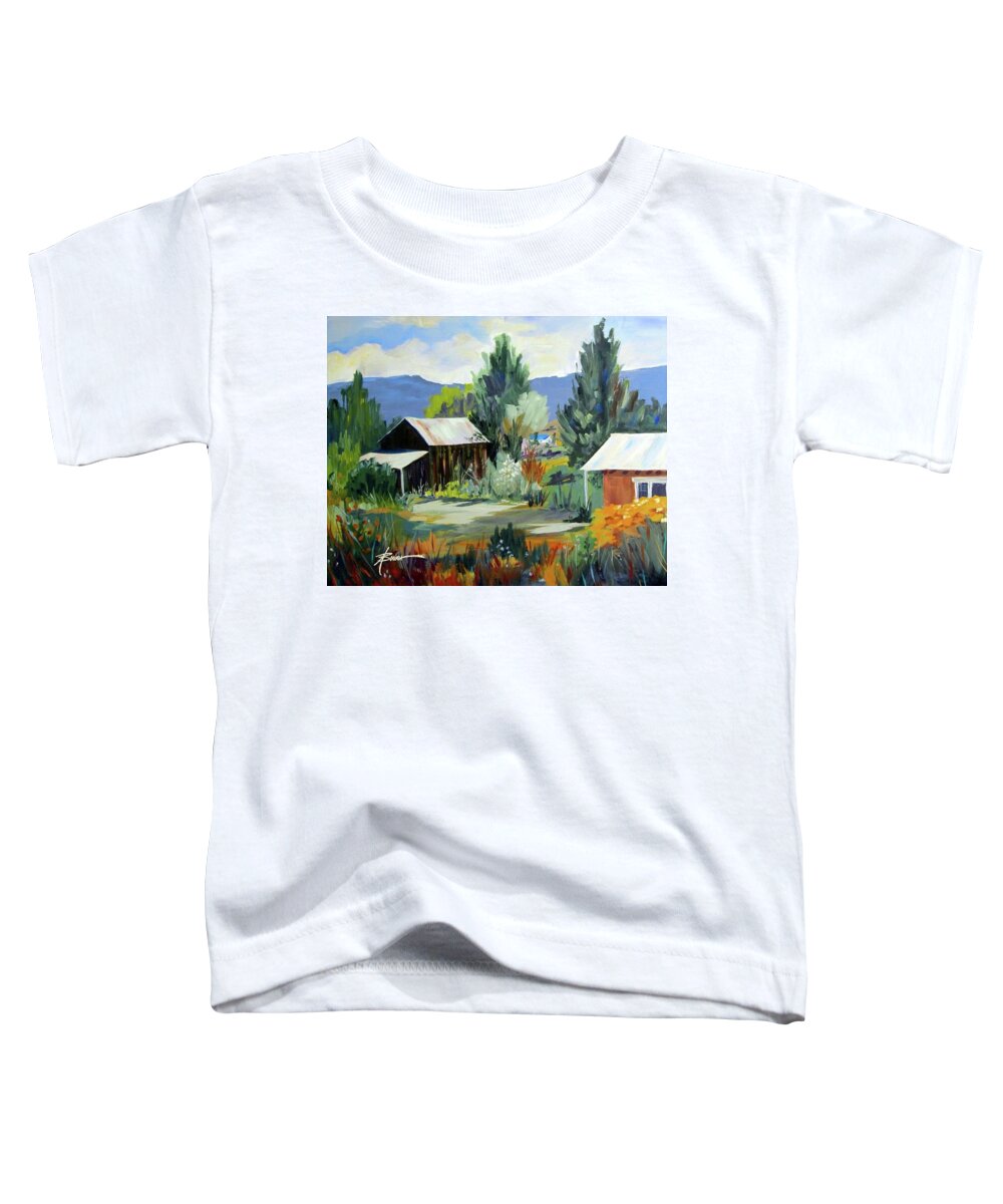 New Mexico Toddler T-Shirt featuring the painting Mountain Settlement in New Mexico by Adele Bower