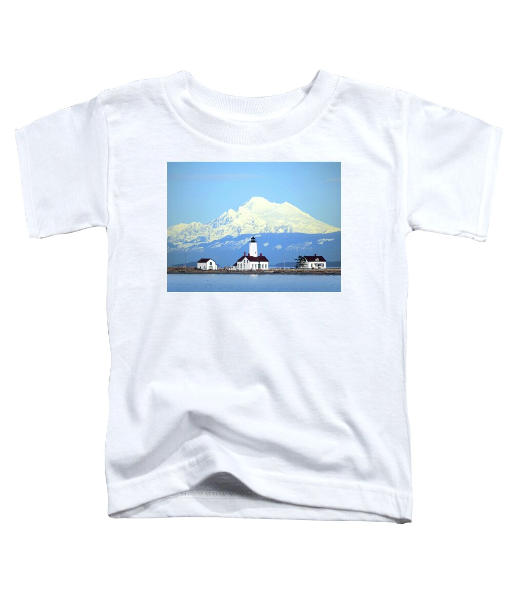 New Dungeness Lighthouse Toddler T-Shirt featuring the photograph New Dungeness Lighthouse - Mount Baker by Marie Jamieson