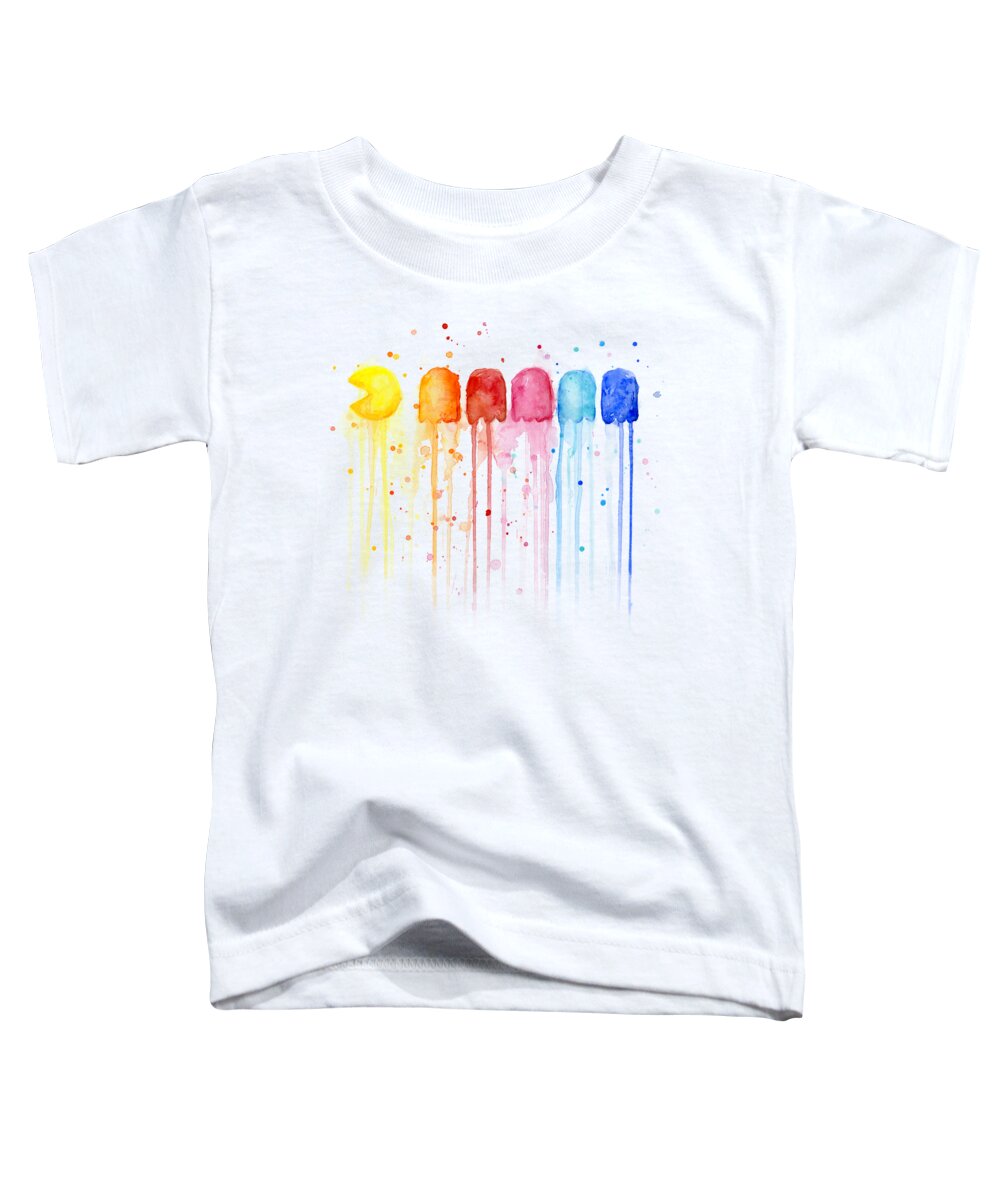 Video Game Toddler T-Shirt featuring the painting Pacman Watercolor Rainbow by Olga Shvartsur