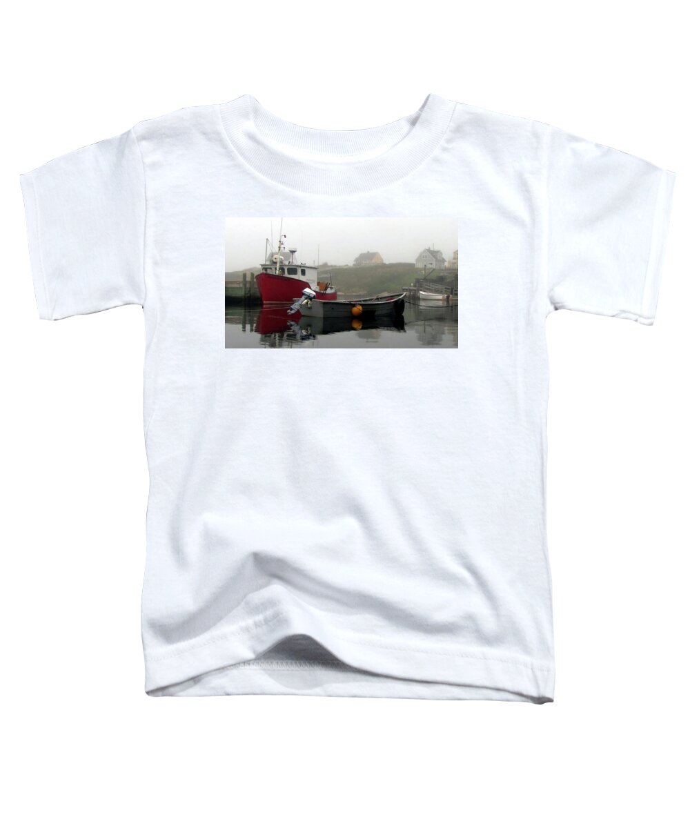 Red Boat Toddler T-Shirt featuring the photograph Peggys Cove Fogged In by Jennifer Wheatley Wolf