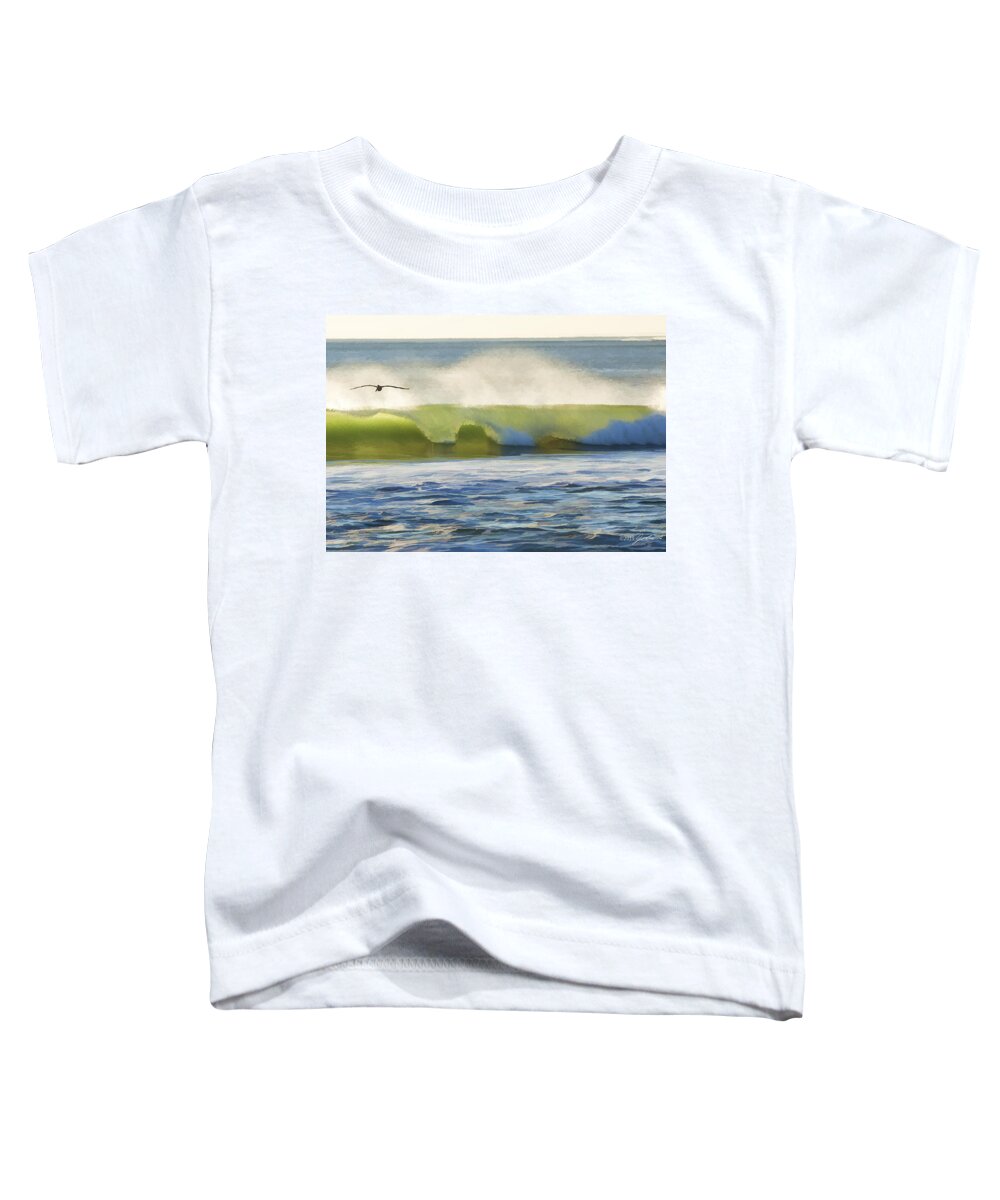 Pelican Toddler T-Shirt featuring the photograph Pelican Flying Over Wind Wave by John A Rodriguez