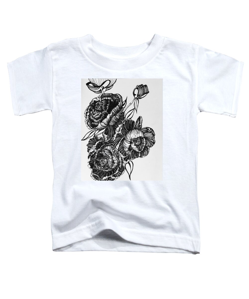  Pan Toddler T-Shirt featuring the drawing Peonies Line Drawing by Mastiff Studios