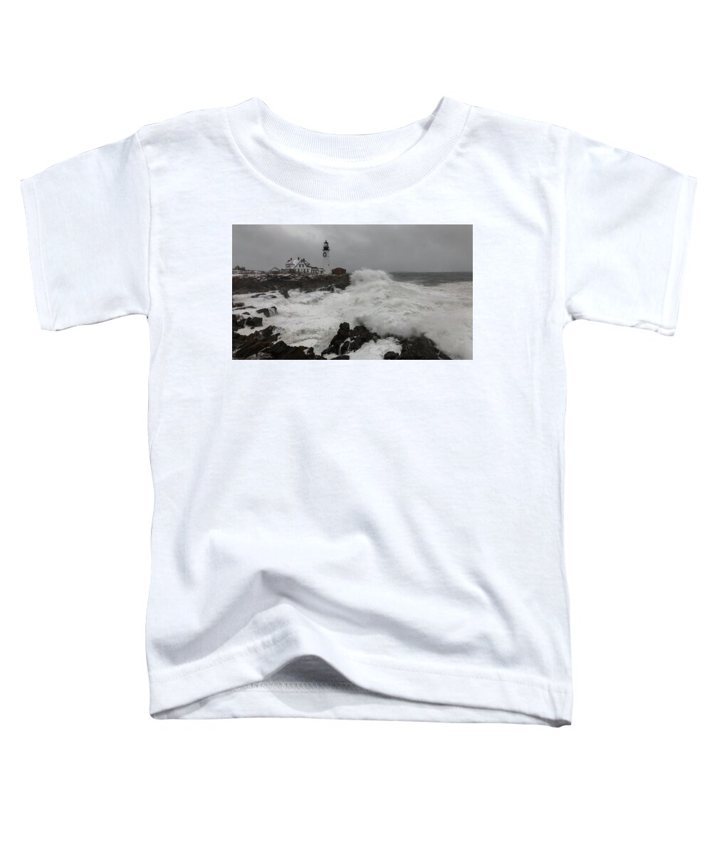 Maine Toddler T-Shirt featuring the photograph Portland Head Light Nor'easter by Colin Chase