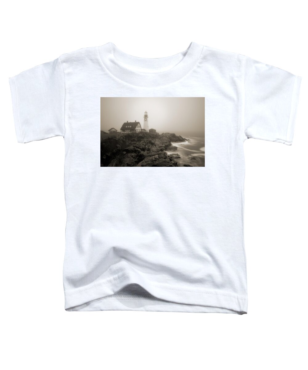 Lighthouse Toddler T-Shirt featuring the photograph Portland Head Lighthouse in fog sepia by David Smith