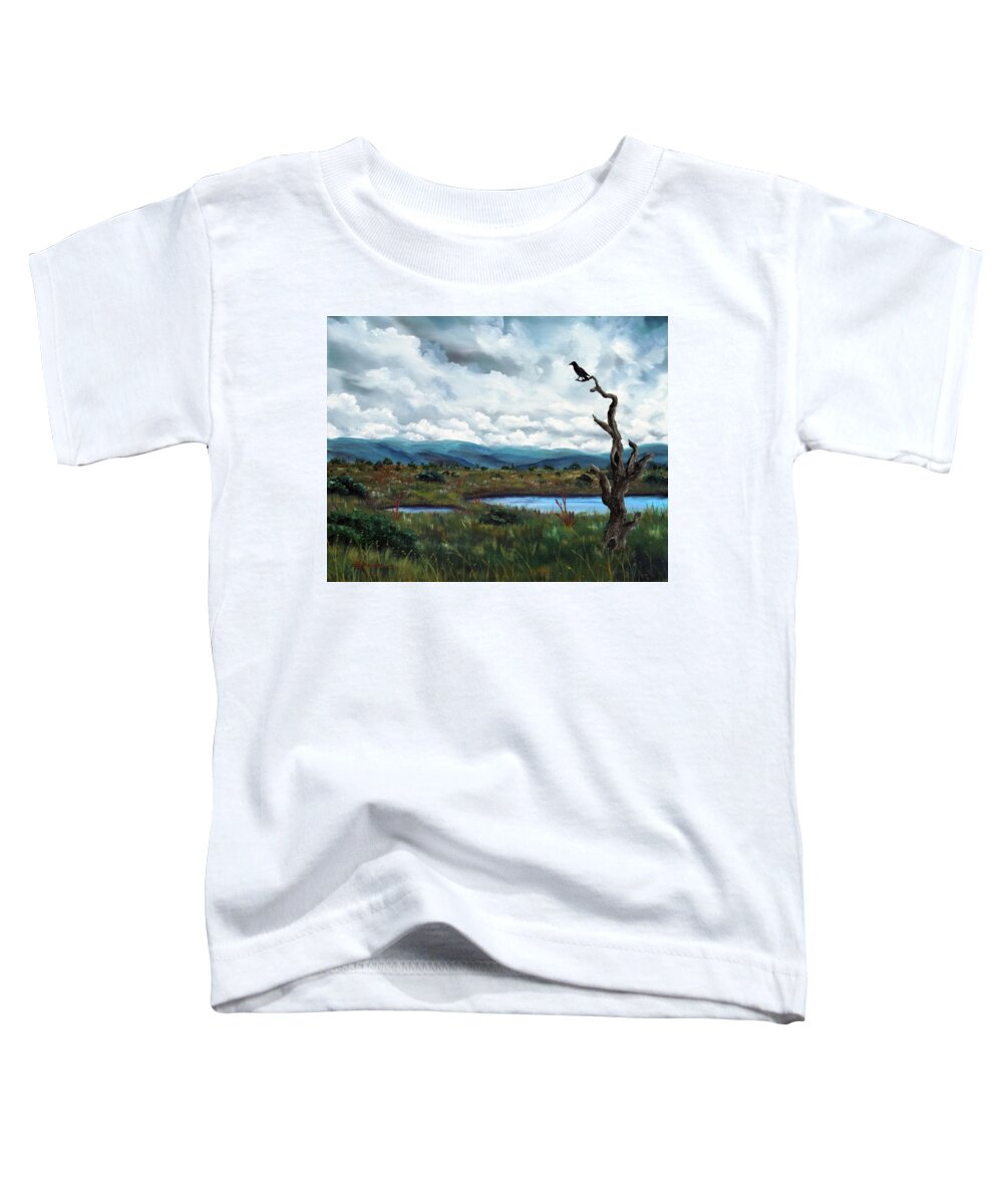 California Toddler T-Shirt featuring the painting Raven in a Bleak Landscape by Laura Iverson