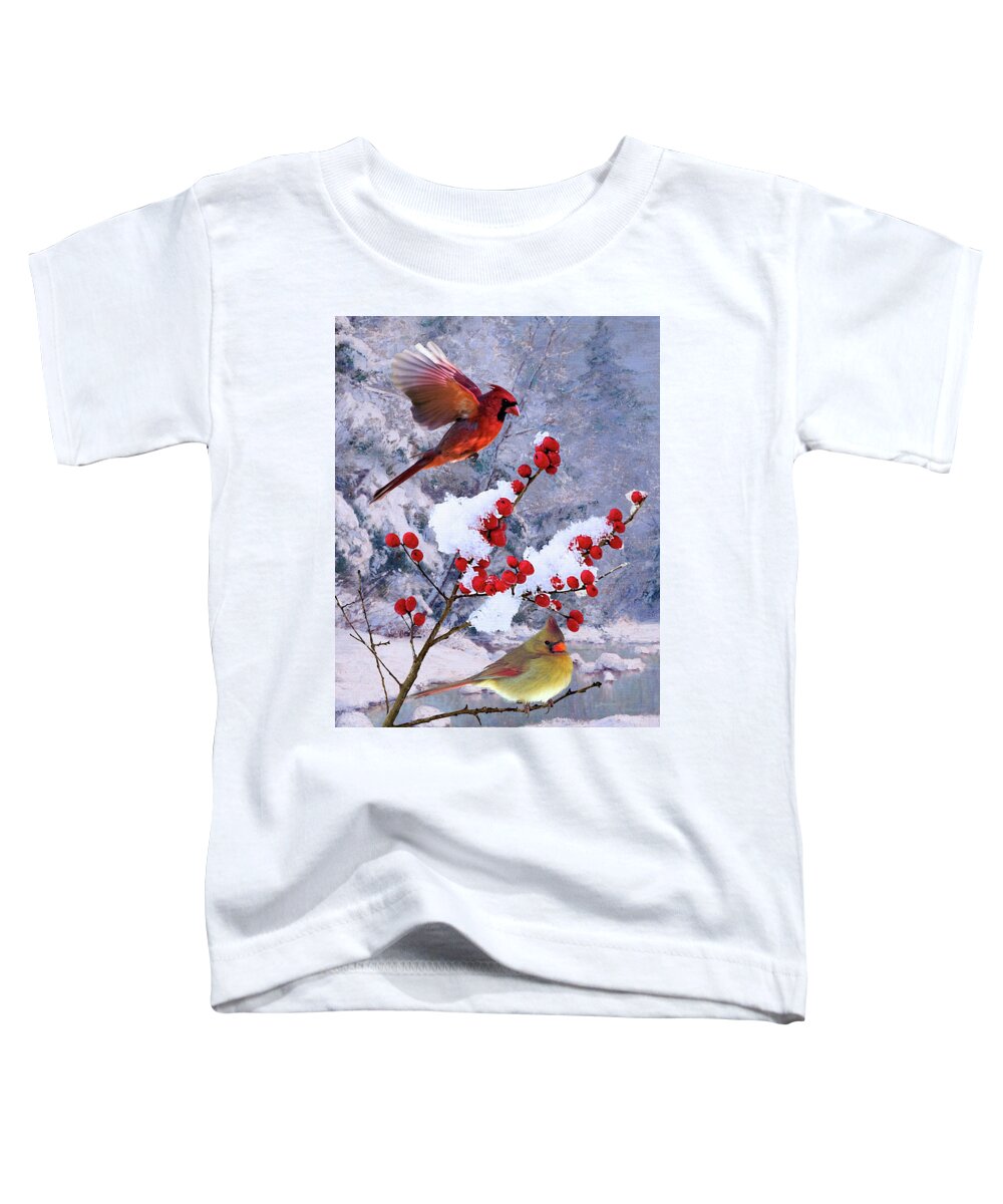 Cardinals; Birds; Christmas; Season Greetings; Winter; Snow; Berries; Red; Card; Digital Painting; Spadecaller Toddler T-Shirt featuring the digital art Red Birds of Christmas by M Spadecaller