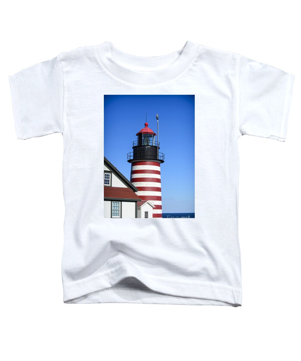 Downeast Toddler T-Shirt featuring the photograph Red White Striped Lighthouse by Alana Ranney