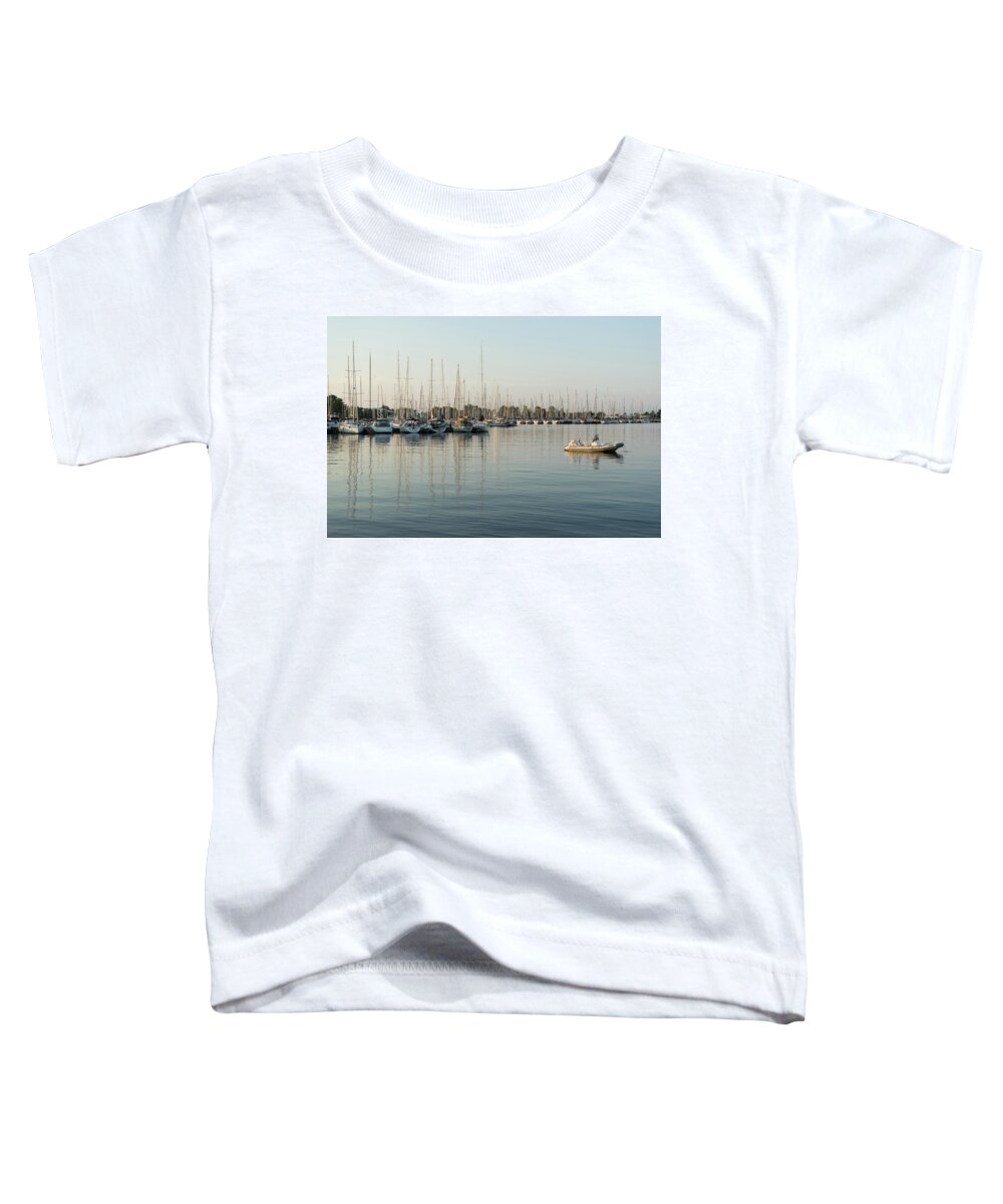 Reflecting On Yachting Toddler T-Shirt featuring the photograph Reflecting on Yachting - Pastel Morning at the Marina by Georgia Mizuleva