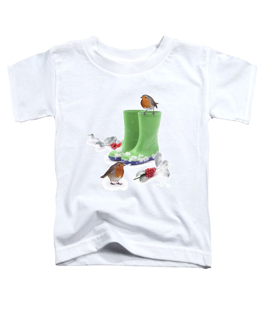 Robins Toddler T-Shirt featuring the photograph Robins and green wellies by Warren Photographic