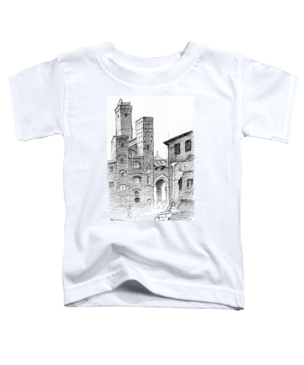 Adam Long Toddler T-Shirt featuring the drawing San Gimignano towers in Italy pen and ink drawing by Adam Long