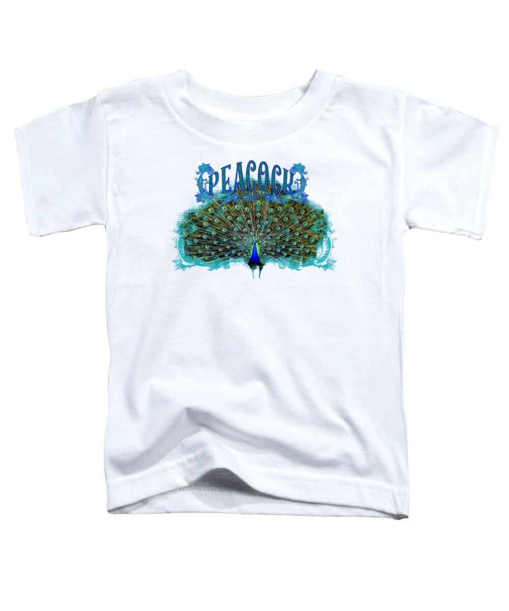 Peacock Toddler T-Shirt featuring the painting Scroll Swirl Art Deco Nouveau Peacock w Tail Feathers Spread by Audrey Jeanne Roberts