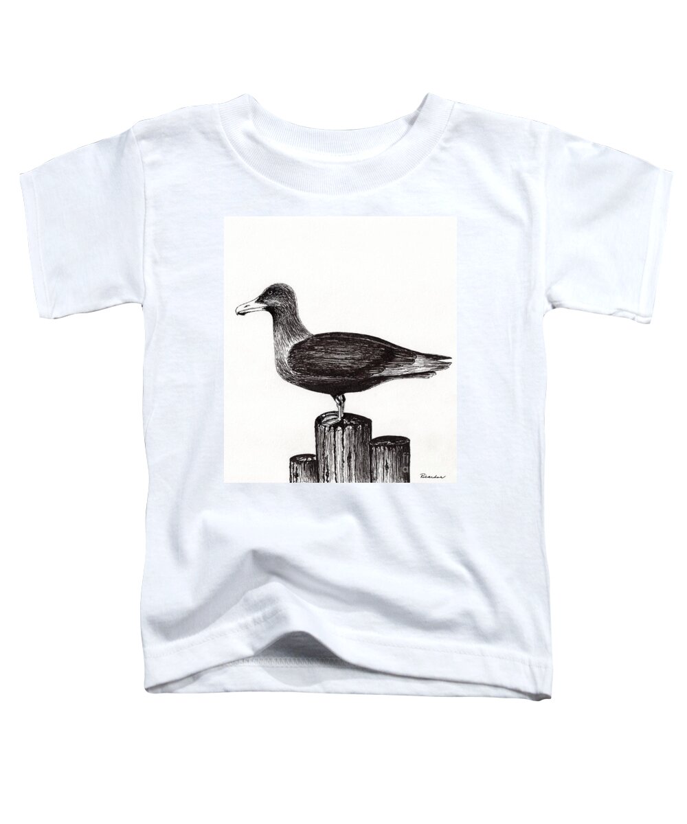 Seagull Toddler T-Shirt featuring the drawing Seagull Portrait on Pier Piling E3 by Ricardos Creations