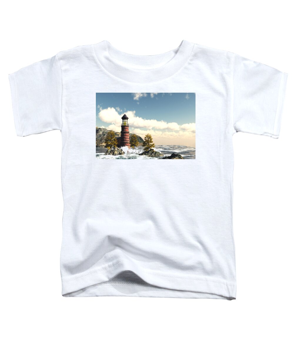 Lighthouse Seaside Dream With Crashing Waves On Rocks Toddler T-Shirt featuring the digital art Lighthouse seaside dream by John Junek