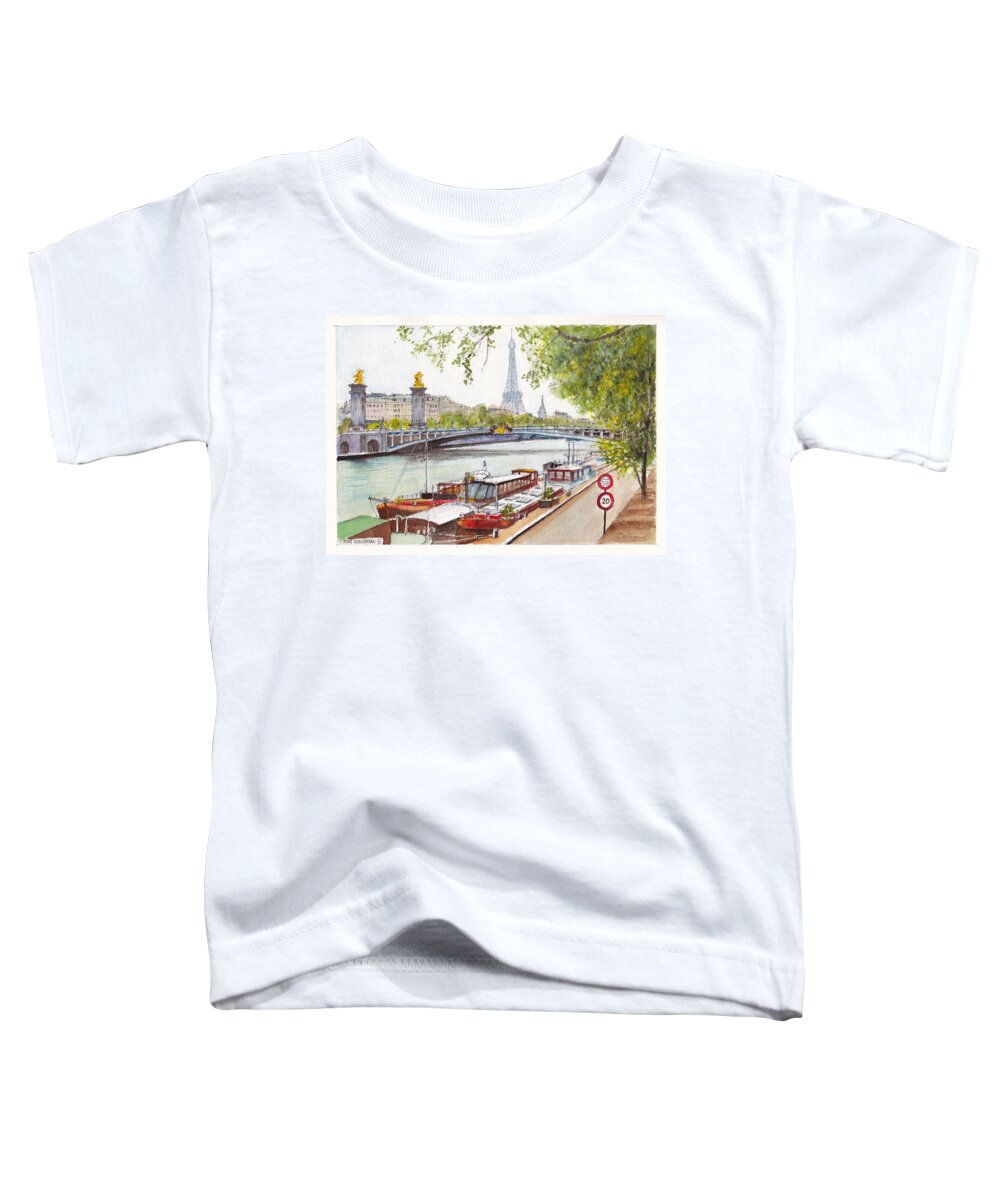 Landscape Toddler T-Shirt featuring the painting Barges on the River Seine in Paris by Dai Wynn
