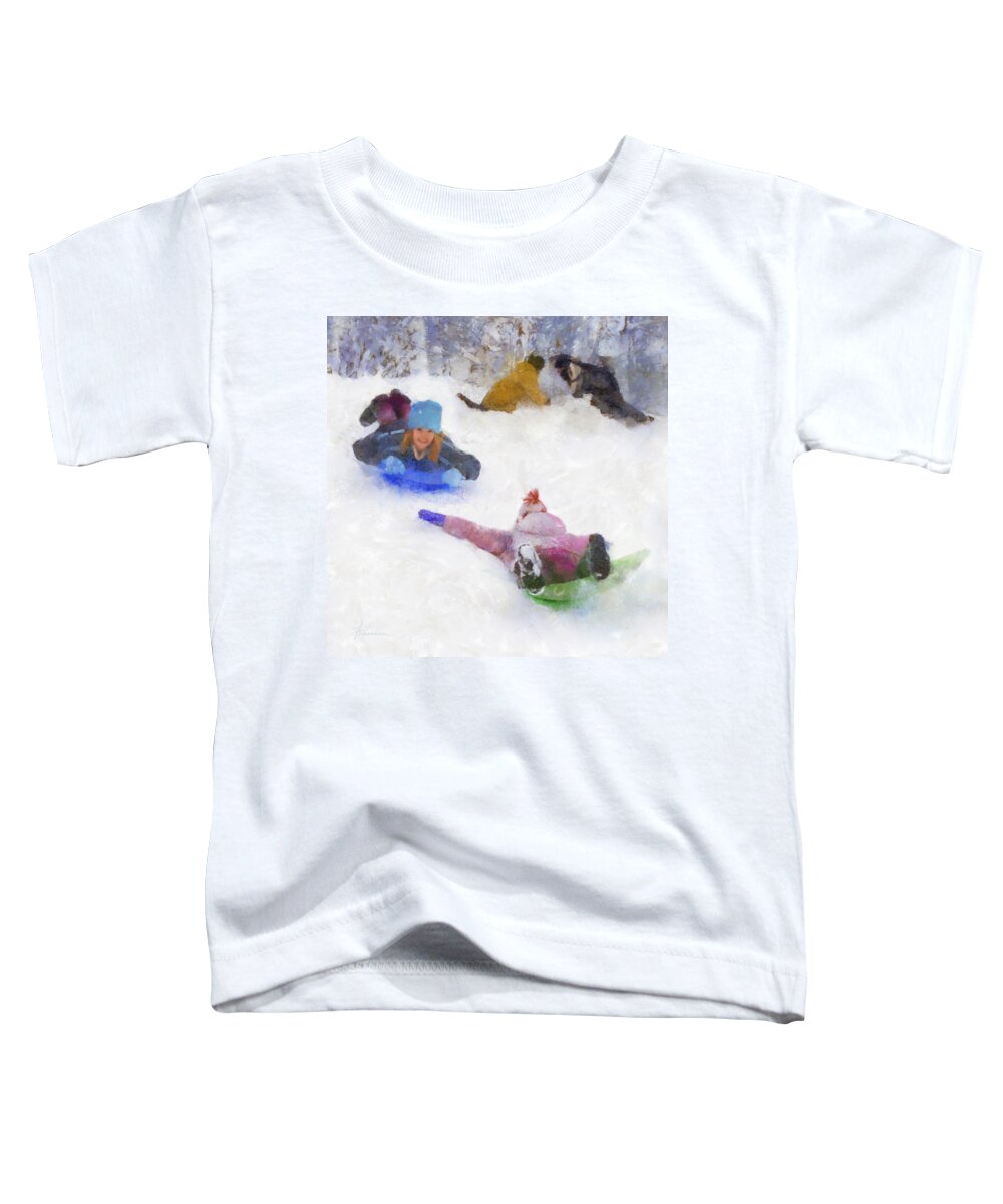 Children Child Boys Girls Winter Snow Hill Sled Sledding Build Building Fort Snowballs Cold Sport Activity Play Fun Toddler T-Shirt featuring the digital art Snow Fun by Frances Miller