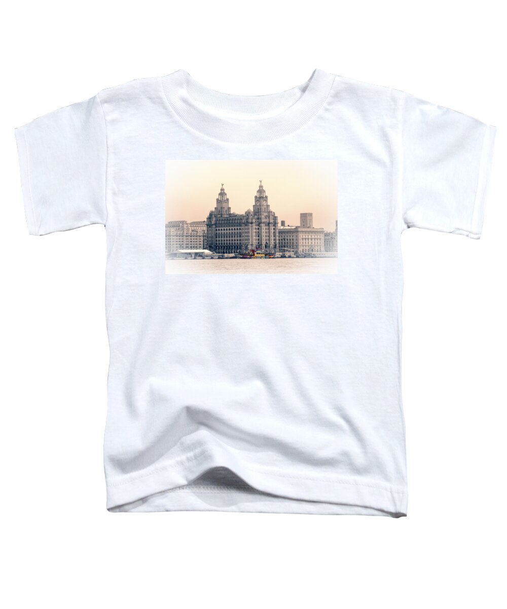 Pier Toddler T-Shirt featuring the photograph Snowdrop Dazzles in front of the Liverbirds by Spikey Mouse Photography