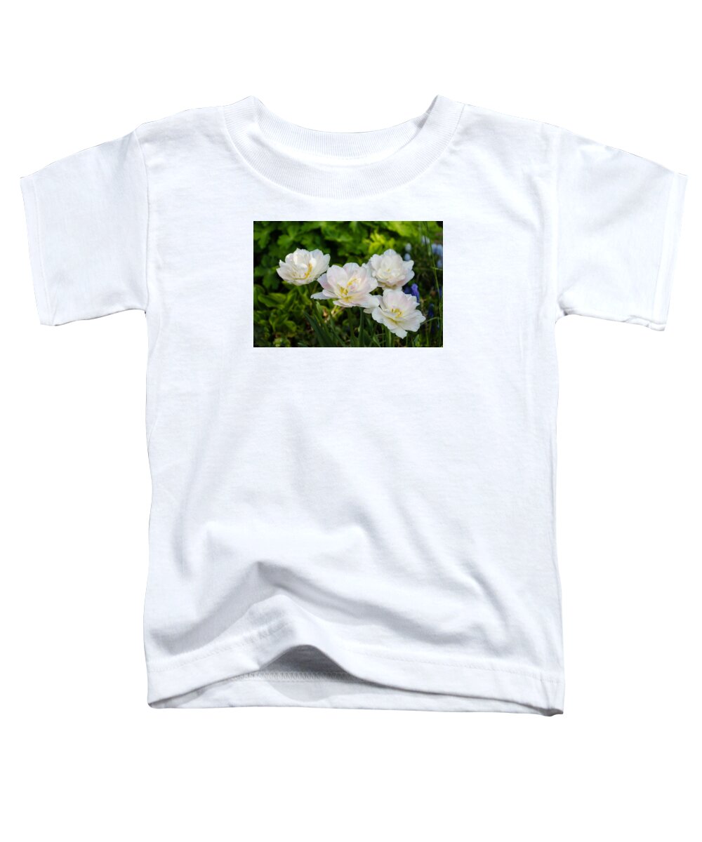 Georgia Mizuleva Toddler T-Shirt featuring the photograph Soft White and Baby Pink Tulip Quartet - Enjoying the Beauty of Spring by Georgia Mizuleva