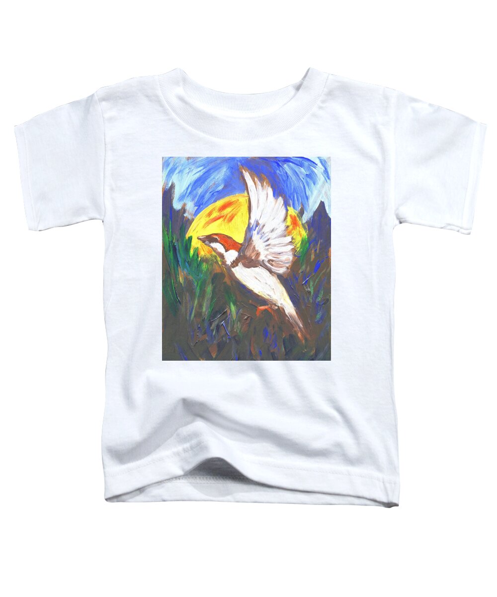Bird Toddler T-Shirt featuring the painting Sparrow in Flight One by Linda Mears
