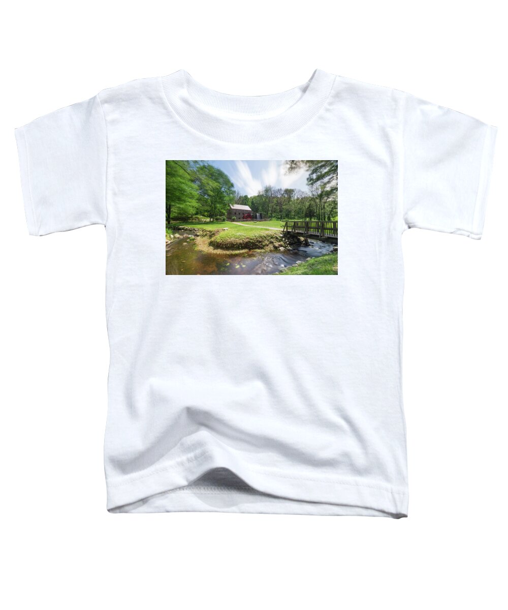 Sudbury Grist Mill Old Iconic Historic Landscape Water Waterwheel Wheel Falls Waterfall Bridge Over Water Stream River Brook Grass Trees Long Exposure Clouds Streaking Streak Nature Outside Outdoors Ma Mass Massachusetts U.s.a. Usa Brian Hale Brianhalephoto Stone Wall Building Architecture Toddler T-Shirt featuring the photograph Spring in Sudbury by Brian Hale