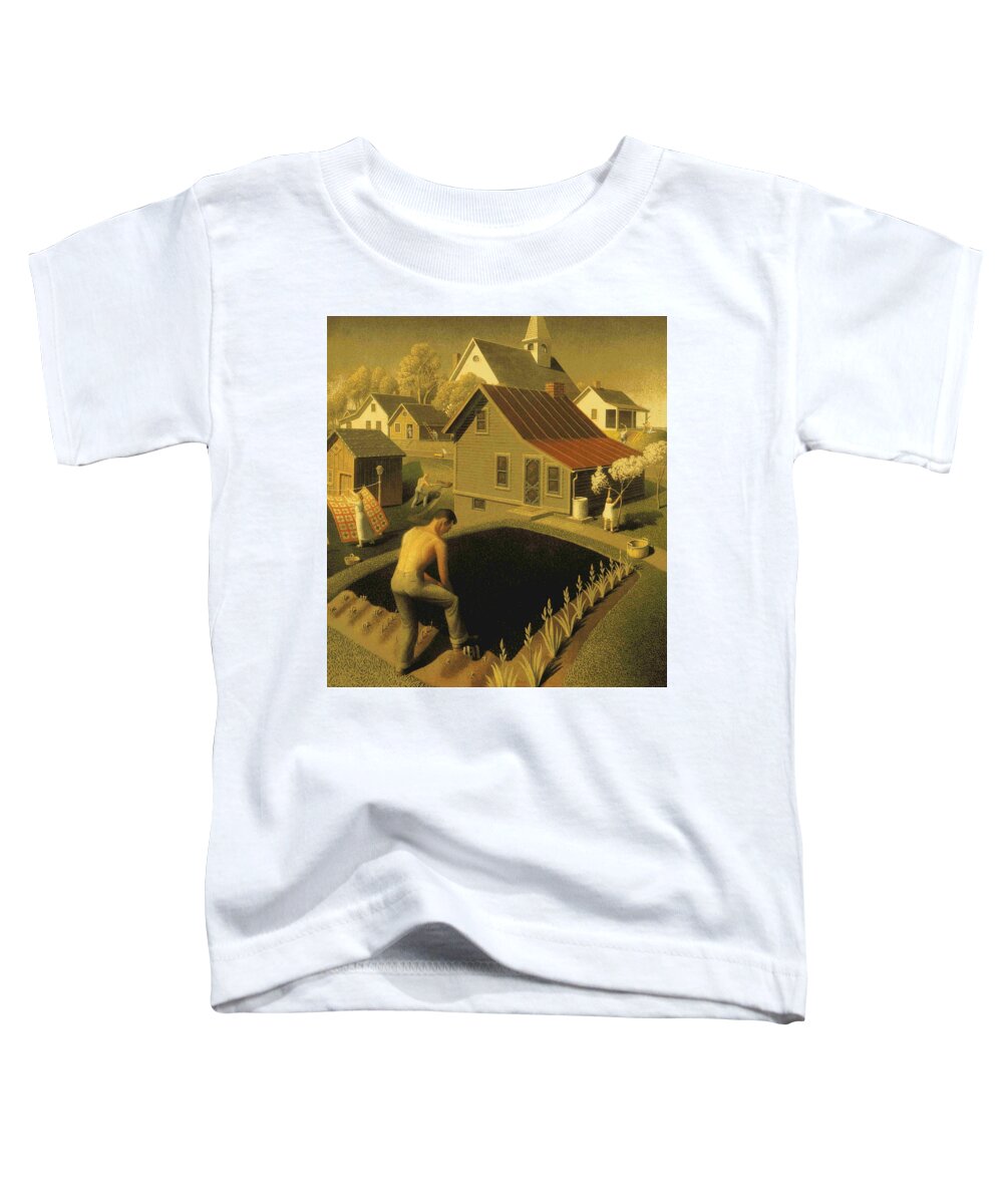 Spring In Town - Grant Wood Toddler T-Shirt featuring the painting Spring In Town by MotionAge Designs