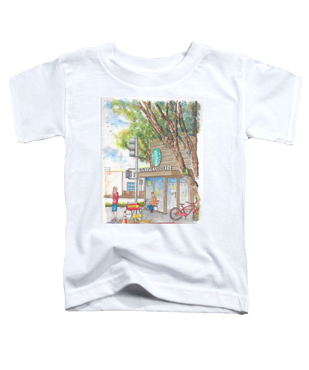 Starbucks Coffee Toddler T-Shirt featuring the painting Starbucks Coffee in Robertson and Beverly Blvd., Beverly Hills, CA by Carlos G Groppa