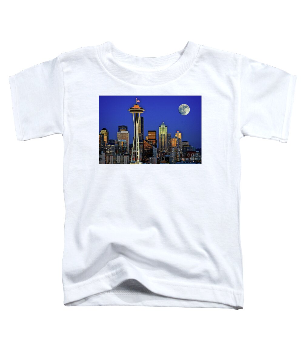 Seattle Skyline Toddler T-Shirt featuring the photograph Super Moon Over Seattle by Sal Ahmed