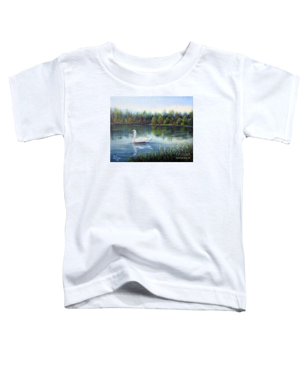 Landscape Toddler T-Shirt featuring the painting Swan Lake by Vesna Martinjak