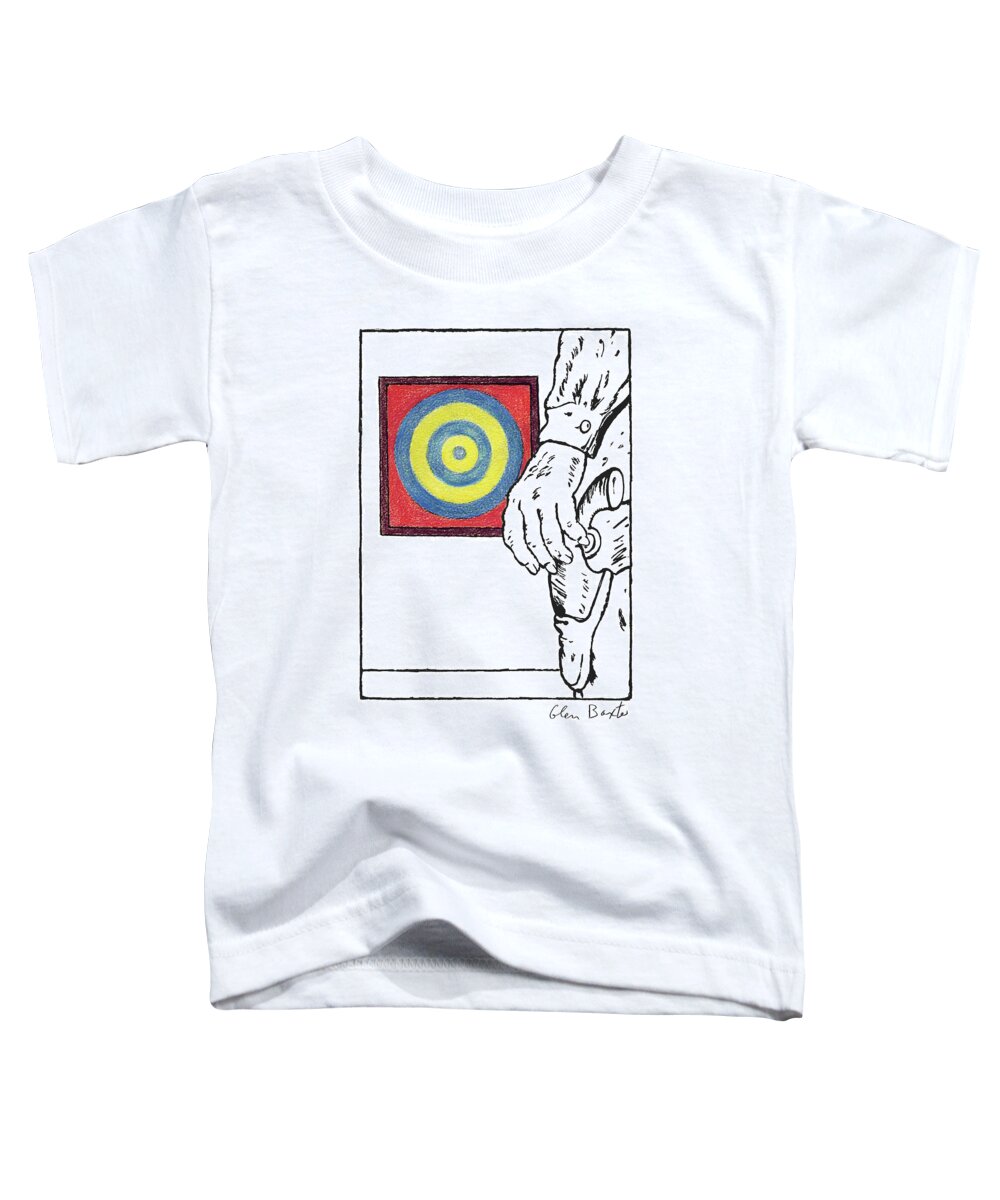 Tense Moment At The Jasper Johns Retrospective Toddler T-Shirt featuring the drawing Tense Moment At The Jasper Johns Retrospective by Glen Baxter