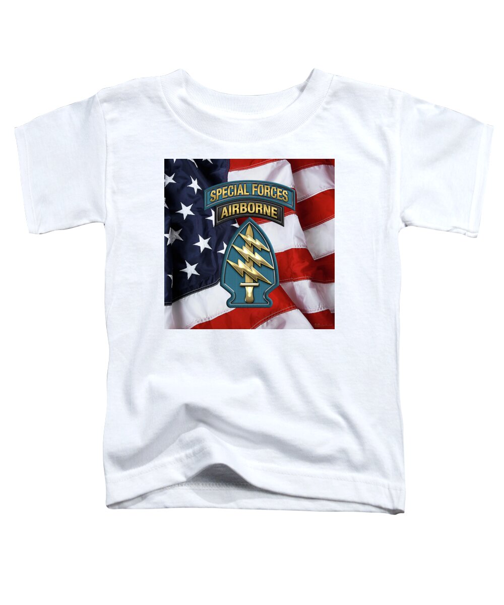 'military Insignia & Heraldry' Collection By Serge Averbukh Toddler T-Shirt featuring the digital art U. S. Army Special Forces - Green Berets S S I over American Flag by Serge Averbukh