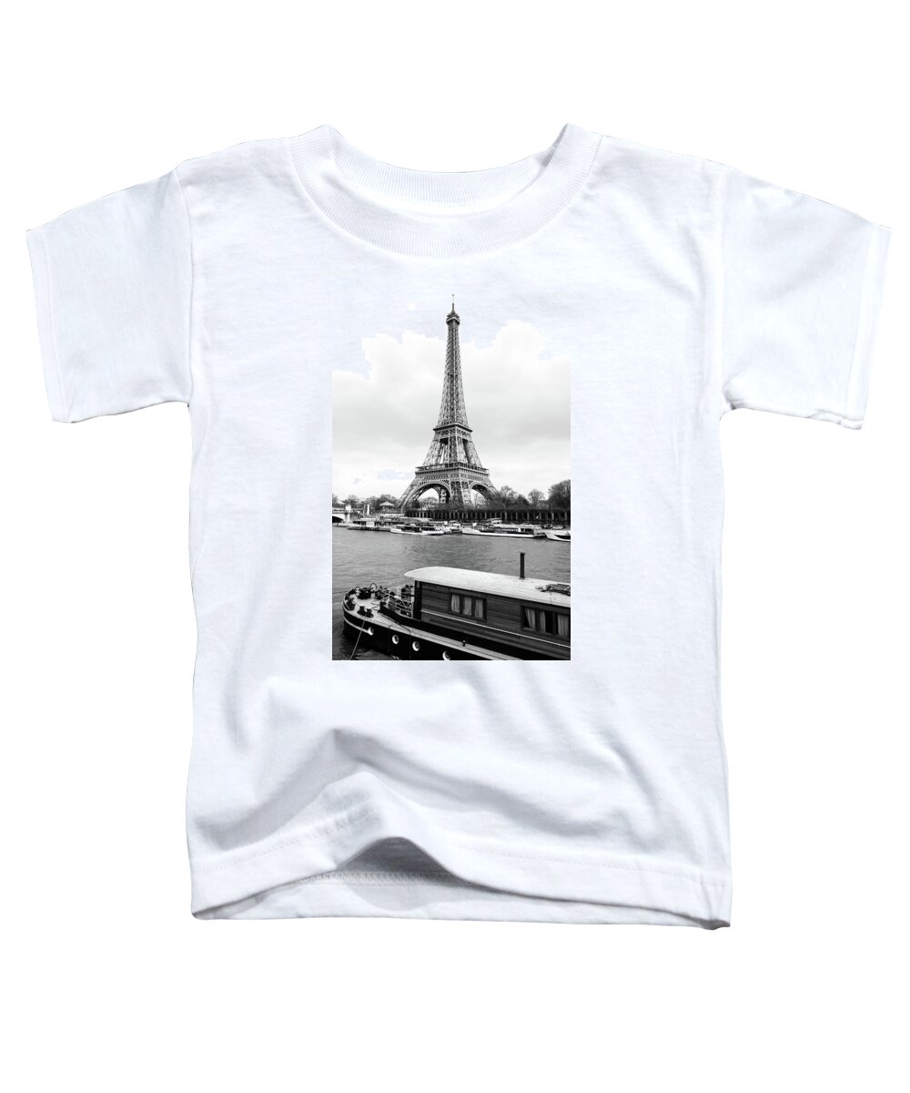 Travelpixpro Toddler T-Shirt featuring the photograph Vintage Boat Moored on the Seine River beneath Eiffel Tower Paris France Black and White by Shawn O'Brien