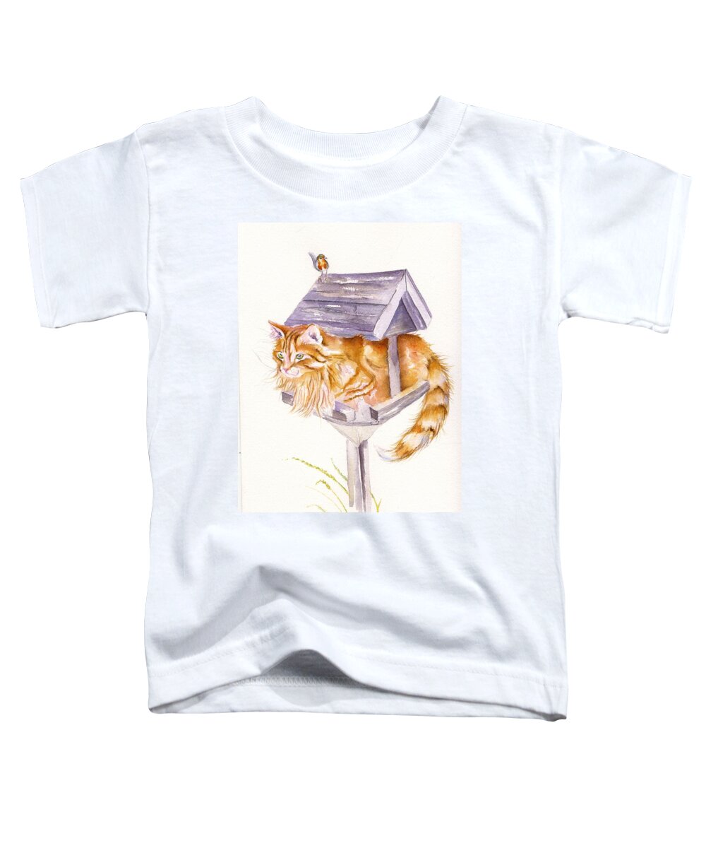 Ginger Toddler T-Shirt featuring the painting Waiting for Lunch - long haired Tabby Cat by Debra Hall